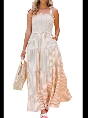 Beige Striped Smocked Flowy Maxi Sundress